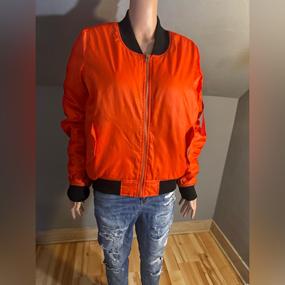 Red Fox Orange Bomber Jacket Women’s Large Zip Front GUC - Picture 3 of 8